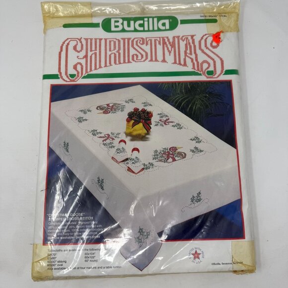 Bucilla Christmas Goose Stamped Cross-Stitch Tablecloth Kit 60"x90" Oval 82558 - Picture 1 of 4